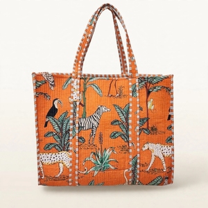 Sac fourre-tout matelassé en coton Kantha écologique à imprimé animal, patchwork, sac à bandoulière pour le shopping, fermeture éclair, réutilisable au quotidien - Product Image 1