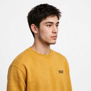 Sweat-shirt col rond jaune moutarde pour homme, coupe décontractée, tricot uni, pull à manches longues, haut d'automne - Product Image 6