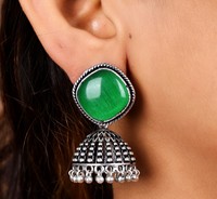 Boucles d'oreilles pendantes Jhumka vintage en laiton et alliage de zinc, finition argent oxydé, serties de pierres Monalisa œil de chat carrées et coussinées, vertes et bleues, pour soirée