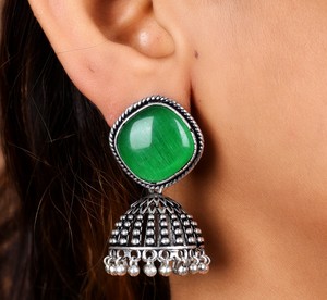 Vintage <b>Oxidized</b> Silver Jhumka Earrings Cat Eye Stone Statement Earrings Green Blue Ethnic Jewelry - Product Image 3