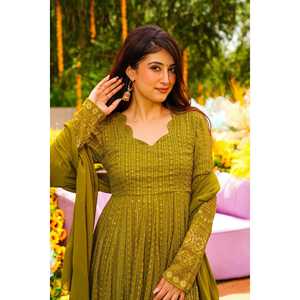 NUIT ASHLEY COULEUR Moutarde GEORGETTE ENSEMBLE DE COSTUME BRODÉ TD-120 - Product Image 2