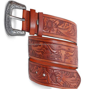 Cinturón de herramientas de cuero de vaca genuino de grano completo para hombres y mujeres con botón a presión ajustable Conjunto de hebilla de diseño floral - Product Image 3