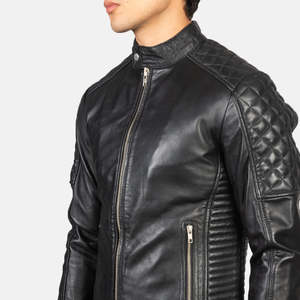 Blouson moto homme en cuir véritable, col montant, fermeture éclair, coupe ajustée, noir uni, manches classiques, pour l'automne, vente en gros - Product Image 3