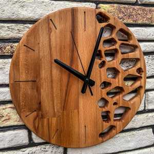 Handmade Acacia Wood Geometric Round <b>Wall</b> <b>Clock</b>, Silent Modern Rustic Home <b>Decor</b> - Product Image 6