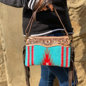 New Arrival Aztec Saddle <b>Blanket</b> Leather Handbag Hand Tooled Leather Fringe Sling Handbag Western Style Crossbody Handbag - Product Image 3