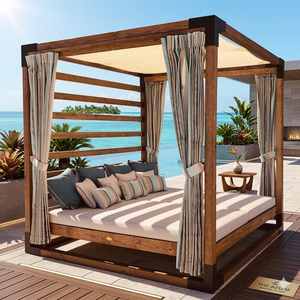 Cama de Día de Diseño Contemporáneo en Madera de Teca, Personalizable, para Exteriores, con Cortinas, para Piscina, Resort, Hotel, Patio - Product Image 2