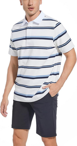 เสื้อโปโลผู้ชายสไตล์วินเทจสำหรับฤดูร้อน ผลิตตามสั่ง ขายส่ง OEM พร้อมปักโลโก้แบรนด์ ผ้าคอตตอน/โพลีเอสเตอร์ผสม 220 GSM ผ้าถักลายทางย้อมเส้นด้าย - Product Image 4