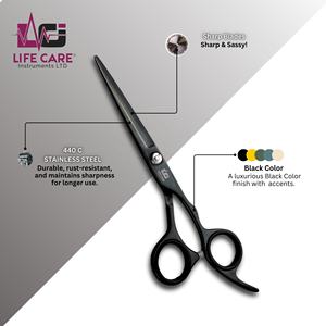 Ensemble de ciseaux de coiffure professionnels noirs pour salon, ciseaux de barbier et ciseaux à effiler japonais par Life Care Instruments. - Product Image 4