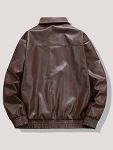 Fashion Long Sleeve Hooded Loose Fit PU Leather Canvas Varsity Biker <b>Pilot</b> <b>Jacket</b> Men Eco-Friendly Waterproof Plaid Letter Front - Product Image 2