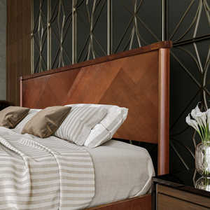 Cama moderna de madera maciza con acabado de nogal rico cabecero geométrico alto para dormitorios de lujo silueta minimalista - Product Image 4