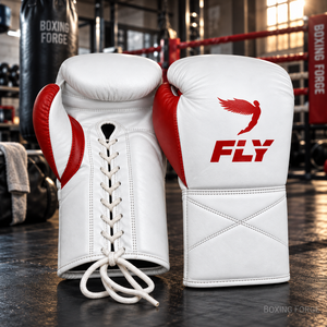 Gants de boxe en cuir Fly, gants d'entraînement lacés pour adultes, blancs avec accents rouges, design léger - Product Image 4