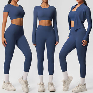Ensemble de yoga 2 pièces pour femme avec logo frontal, taille mi-haute, séchage rapide, en Spandex et Polyester, soutien-gorge de sport et leggings pour la gym et l'entraînement physique - Product Image 4