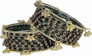 <b>Gold</b>-plated glass Kashmiri <b>bangles</b> with emerald-cut pearl inserts: fashionable jewelry for brides and weddings - Product Image 4