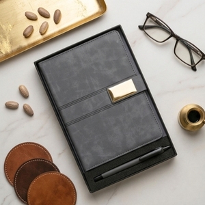 Aurelux Dark Grey PU Leather Case Bound A5 Multicolor Notebook <b>with</b> Pen for Office Use Custom Logo Executive Corporate Gift - Product Image 1