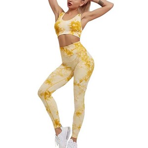 Ensemble de yoga 2 pièces : Crop top dos nageur tie-dye jaune et leggings taille haute, sans couture, extensible dans les quatre sens, en Spandex et Polyester - Product Image 3