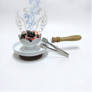 Quemador de incienso de metal personalizado con diseño de loto blanco, mango de madera, para carbón y resina, juego de pinzas para quemador de Bakhoor, al por mayor - Product Image 5