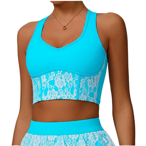 Women's V-Neck <b>Racerback</b> Sports <b>Bra</b> With Lace Detail Medium Support Breathable Yoga Athletic Top Light Blue - Product Image 6