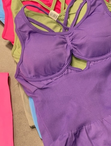 Purple Halter Strap Mid Waist <b>Shorts</b> Backless <b>Ruched</b> Yoga Set 2 Piece Activewear Solid Spandex Polyester - Product Image 2