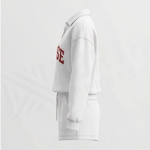 Conjunto de 2 Piezas para Mujer con Estampado de Letras Sunrise, Sudadera de Felpa y Pantalones Cortos, Corte Holgado Informal, Cuello Camisero, Color Blanco, para Primavera/Verano - Product Image 3