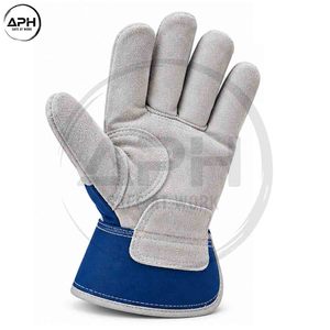 Gants de travail personnalisés en daim gris et bleu roi avec paume renforcée, poignet élastique et longue manchette en toile - Product Image 3