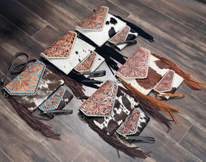 2025 femmes grande capacité à la mode usiné à la main en cuir de vachette frange sac à bandoulière et porte-carte pochette 2 pièces Combo ensemble - Product Image 6