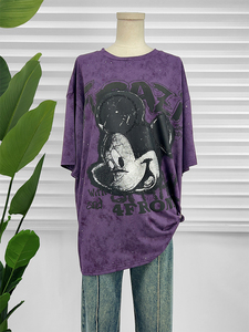 T-shirt surdimensionné à imprimé Mickey Mouse violet, manches courtes, col rond, style streetwear, jersey en coton tricoté pour homme - Product Image 3