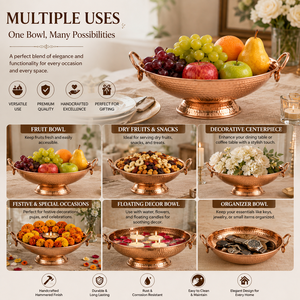 Bol de service en cuivre pur martelé à la main avec poignées, bol à fruits sur piédestal, vaisselle décorative en métal, bol de cuisine et de salle à manger, vente en gros - Product Image 4