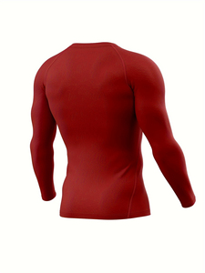 T-shirt de compression rouge à manches longues pour homme, coupe ajustée, séchage rapide, col rond, haut de sport, tissu très élastique, anti-transpiration - Product Image 4