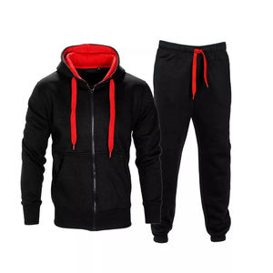<b>mens</b> black and red contrast tracksuit full zip hooded jacket and <b>cuffed</b> <b>jogger</b> pants set casual fleece activewear winter sports - Product Image 5