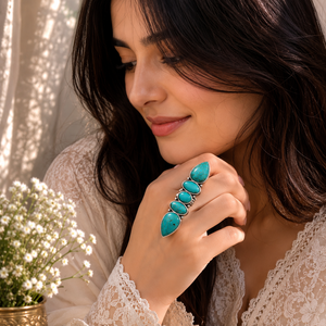 Anillo Largo de Turquesa en Plata de Ley 925 con Múltiples Piedras, Estilo Boho Occidental, Joyería para Mujer - Product Image 1