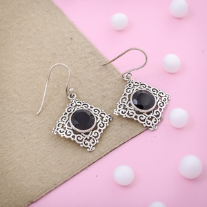 Natural Black Onyx Vintage 925 <b>Silver</b> Dangle <b>Earrings</b> Ornate Filigree <b>Drop</b> <b>Earrings</b> for Womens Gemstone Jewelry - Product Image 1