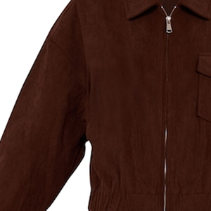 Blouson Bomber Unisexe Marron Foncé à Fermeture Éclair, Style Vintage Texturé, Col Montant, Veste Décontractée Urbaine avec Poches, Teint en Profondeur pour le Printemps - Product Image 3