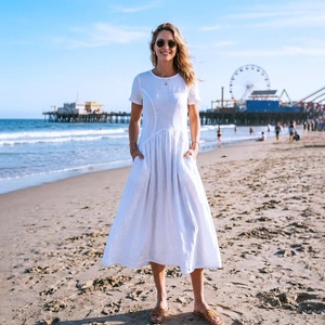 Vintage Cotton High Waist A-Line Midi <b>Dress</b> V-neck Short Sleeves Pockets Back Tie Breathable Handmade Plus Size Daily - Product Image 1