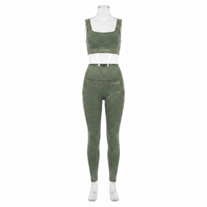 Conjunto de Yoga Verde Oliva para Mujer, Top Deportivo con Cuello Cuadrado y Lavado Ácido, Leggings Largos de Cintura Alta, Ropa Deportiva para Gimnasio y Fitness - Product Image 1