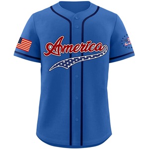 Maillot de baseball américain pour homme, manches courtes, bleu, 100 % polyester, respirant, séchage rapide, personnalisable avec nom d'équipe et patch drapeau - Product Image 1