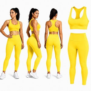 Ensemble de soutien-gorge de sport jaune et leggings pour femmes, taille haute, vêtements de sport, yoga, fitness, tenue deux pièces - Product Image 1
