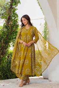 Costume trapèze en coton imprimé numérique couleur moutarde pour femme, coupe droite, longueur genou, tenue décontractée traditionnelle Inde Pakistan toutes saisons - Product Image 3