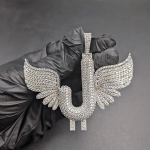 Moissanite Wing Letter Initial Pendant 925 <b>Silver</b> Hip Hop <b>Charm</b> Custom Rapper Jewelry - Product Image 1