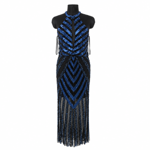 Vestido de Noche Largo con Lentejuelas Azul Marino de Lujo para Mujer, Cuello Halter, Diseño Geométrico, Elegante para Fiesta, Graduación, Boda, Cóctel - Product Image 1