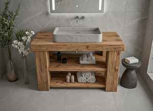 Mueble de Baño de Madera Maciza con Lavabo Individual y Estantes Abiertos, Mueble Elegante para la Decoración Interior del Baño - Product Image 4