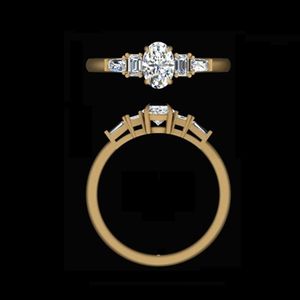 Oval Diamond Five <b>Stone</b> Engagement Ring in Yellow Gold 1.13 Carat Emerald Cut Side Stones Fine Wedding Band - Product Image 2