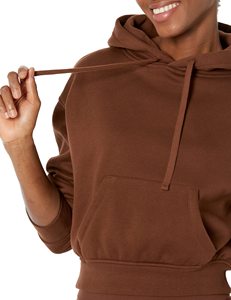Sweat-shirt à capuche marron pour femme, coupe courte, manches régulières, couleur unie, en coton tricoté, pour l'automne - Product Image 3