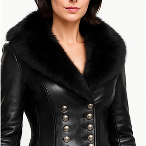 Women's Long Faux Leather Trench <b>Coat</b> With Fur Trim Elegant <b>Winter</b> Outerwear Black Full Sleeve <b>Thick</b> Warm Coating - Product Image 2