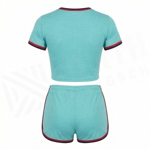 Conjunto Deportivo de 2 Piezas para Mujer, Top Corto de Manga Corta y Pantalones Cortos por Encima de la Rodilla, Color Sólido, Transpirable, de Punto, de Algodón y Elastano - Product Image 2