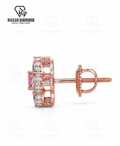 Elegant flower shaped <b>stud</b> earrings pink round center stone surrounded by brilliant lab grown diamonds secure screw back closure - Product Image 4