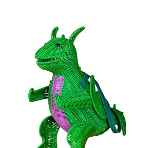 Green Rattan Dinosaur Shape Storage Basket With Teal Strap Animal Pattern Handmade <b>Wicker</b> <b>Bag</b> Portable - Product Image 5
