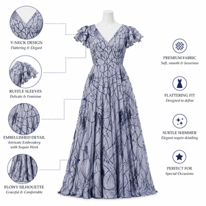 Elegant Blue White Floral Maxi Dress for Women V Neck Flutter Sleeve Long Formal Party Evening Summer Wedding Guest Gown Outfit - Product Image 5