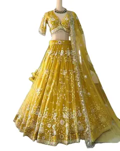 Diseñador estilo Bollywood amarillo lehenga choli calidad excepcional con Can-Can y capas de lona de la India