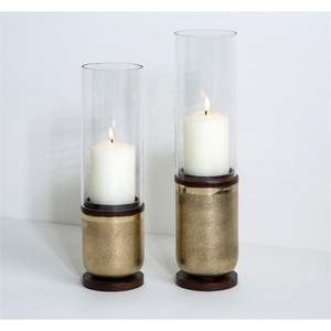 Ensemble élégant de bougeoirs en or et en bois avec cylindre en verre transparent, décoration de table de luxe - Product Image 1