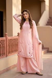 Designer Roman Glass Embroidered Palazzo Set with Handcrafted Pearl Moti Work and Four Side Lace Dupatta for Wedding Functions, - Product Image 6
